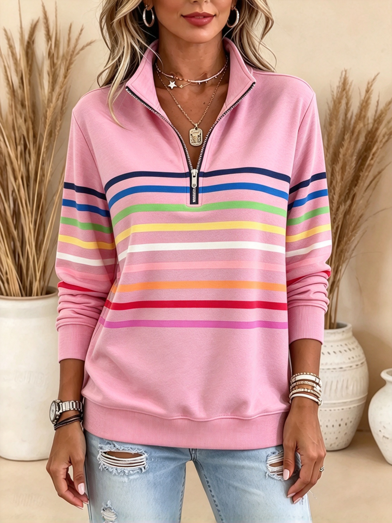 Women's Pullover Sweatshirt Patchwork Print Quarter Zip Plain Striped Elegant Warm Classic Long Sleeve Lapel Regular Tops