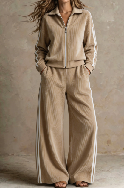 Women Ribbed Zip-Up Lounge Two-Piece Set