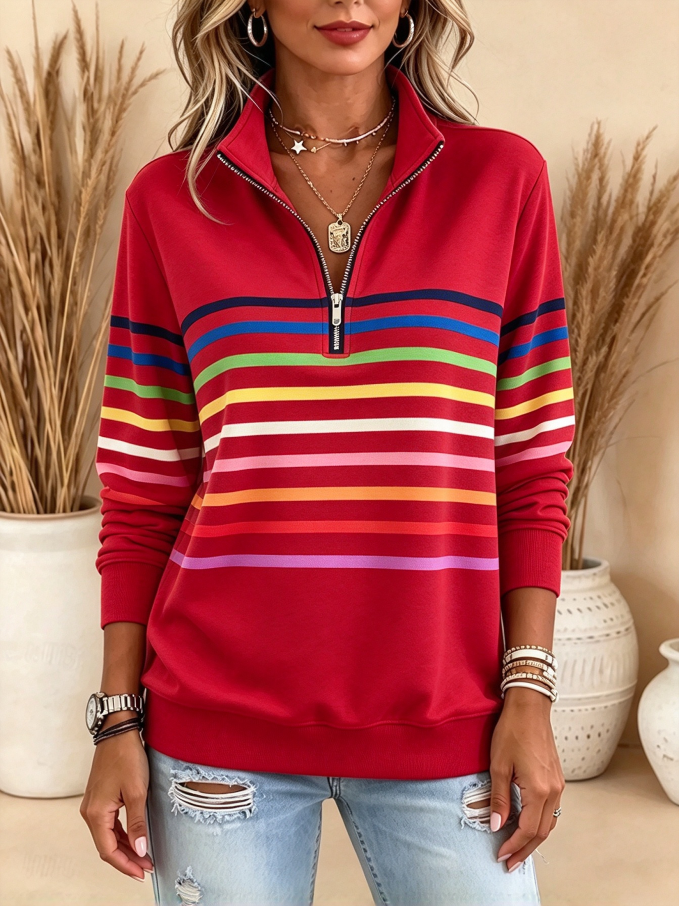 Women's Pullover Sweatshirt Patchwork Print Quarter Zip Plain Striped Elegant Warm Classic Long Sleeve Lapel Regular Tops