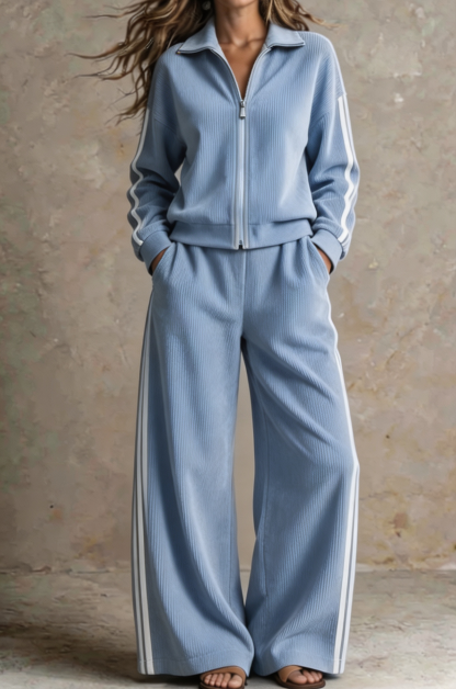 Women Ribbed Zip-Up Lounge Two-Piece Set