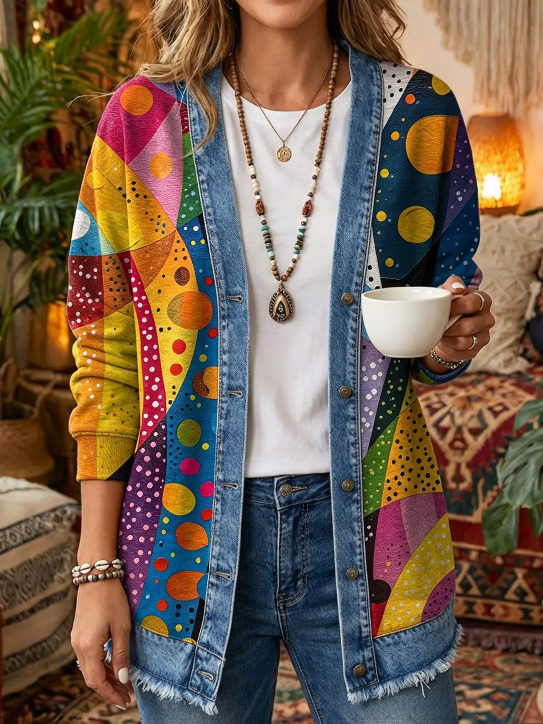 Vintage Boho Paisley Print Denim-Trim Cardigan - Artistic Open-Front Long Sleeve Jacket