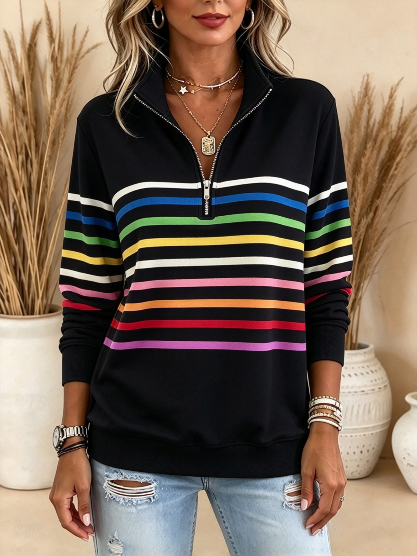 Women's Pullover Sweatshirt Patchwork Print Quarter Zip Plain Striped Elegant Warm Classic Long Sleeve Lapel Regular Tops