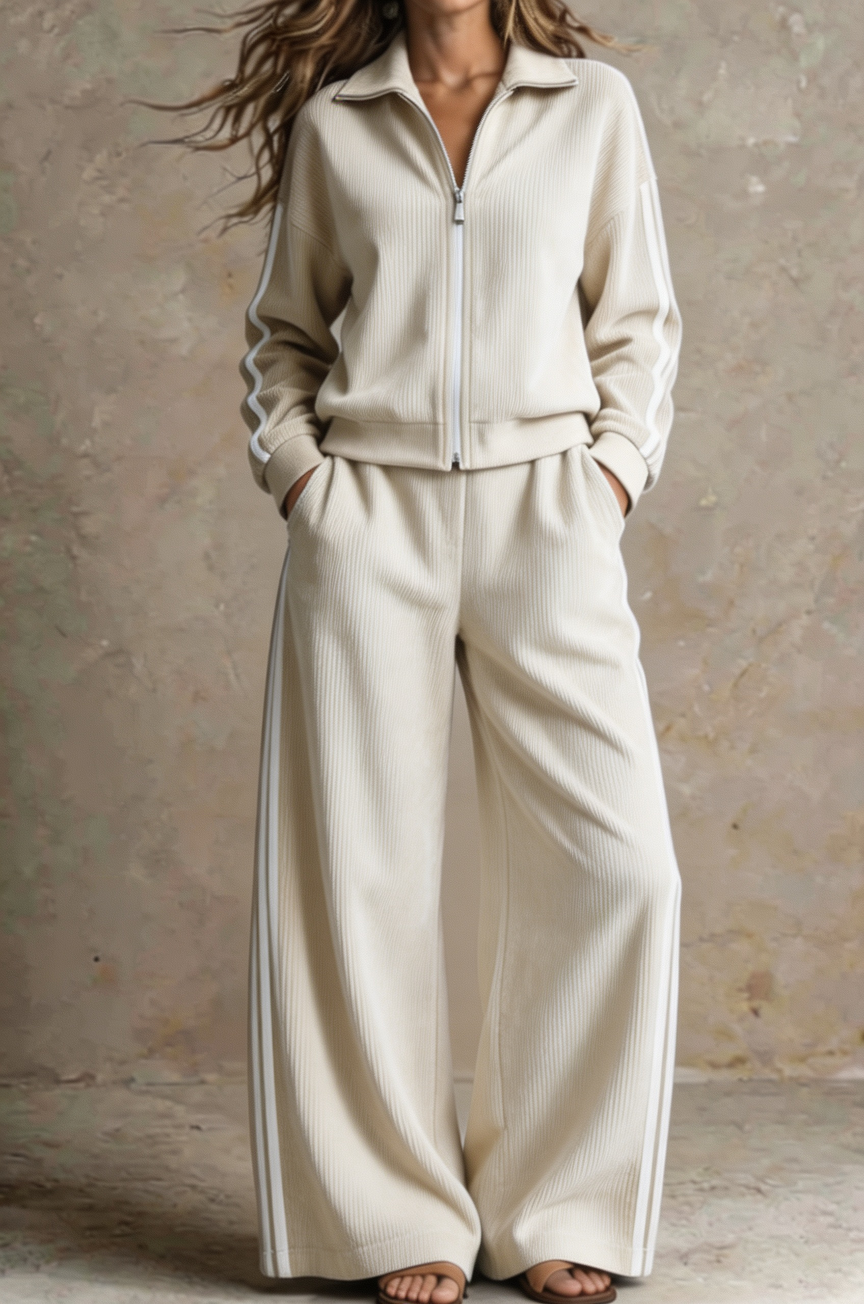 Women Ribbed Zip-Up Lounge Two-Piece Set