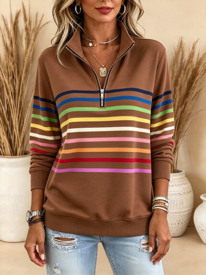 Women's Pullover Sweatshirt Patchwork Print Quarter Zip Plain Striped Elegant Warm Classic Long Sleeve Lapel Regular Tops