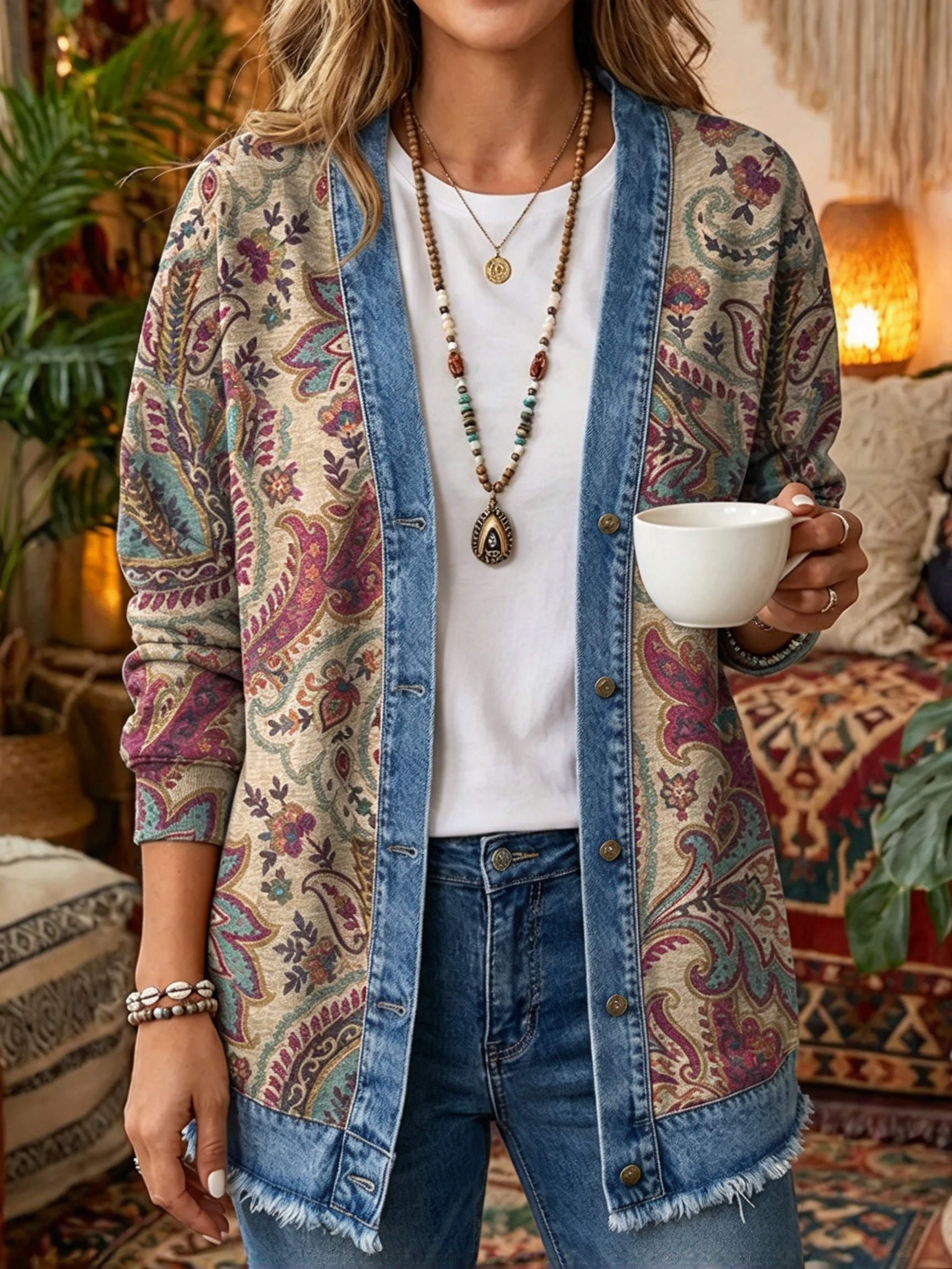 Vintage Boho Paisley Print Denim-Trim Cardigan - Artistic Open-Front Long Sleeve Jacket