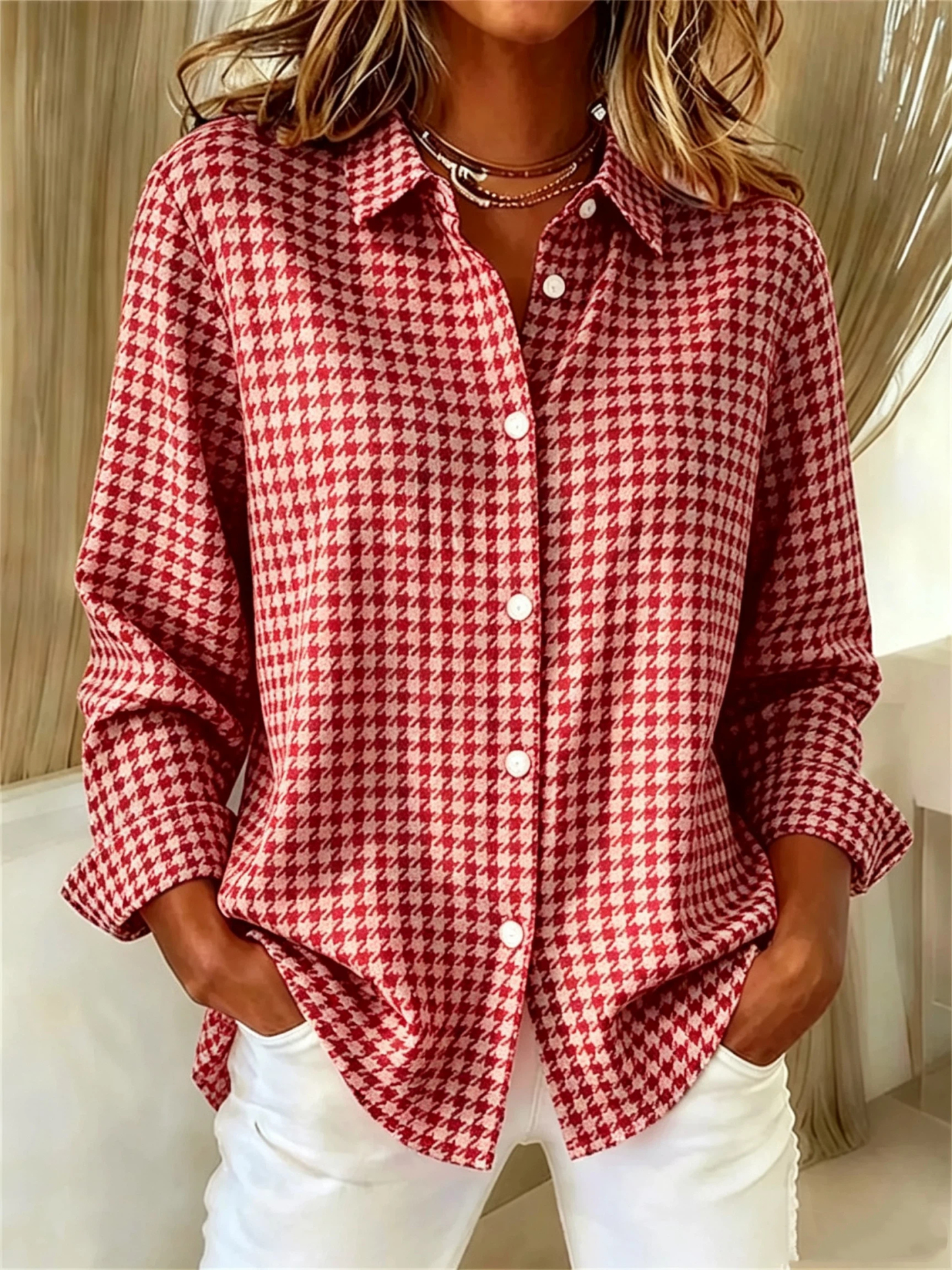 CLEARANCE SALE🔥Women's Long Sleeve Spring/Fall Houndstooth Buckle Shirt