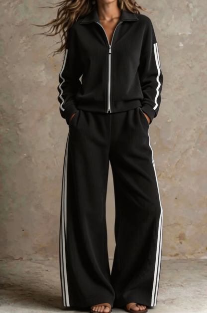 Women Ribbed Zip-Up Lounge Two-Piece Set