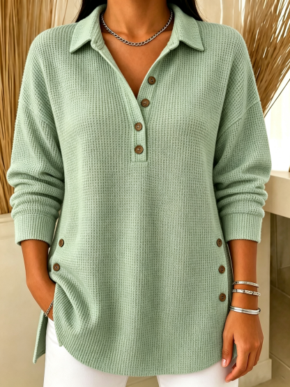 Chic Long Sleeve Waffle Knit Polo Sweater Casual Loose Henley Shirt(📦Buy 2 FREE SHIPPING & EXTRA 10% OFF)