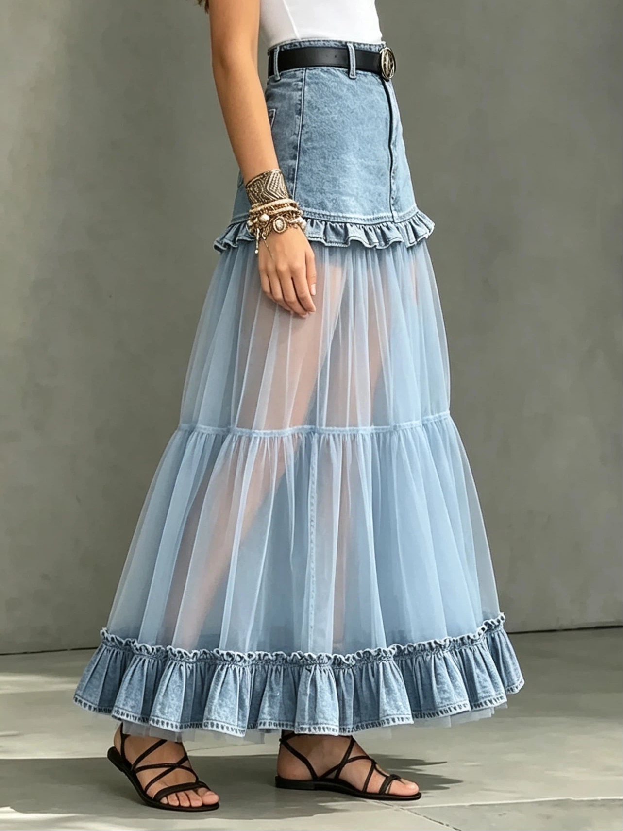 Casual Denim-paneled Chiffon Ruffled Skirt