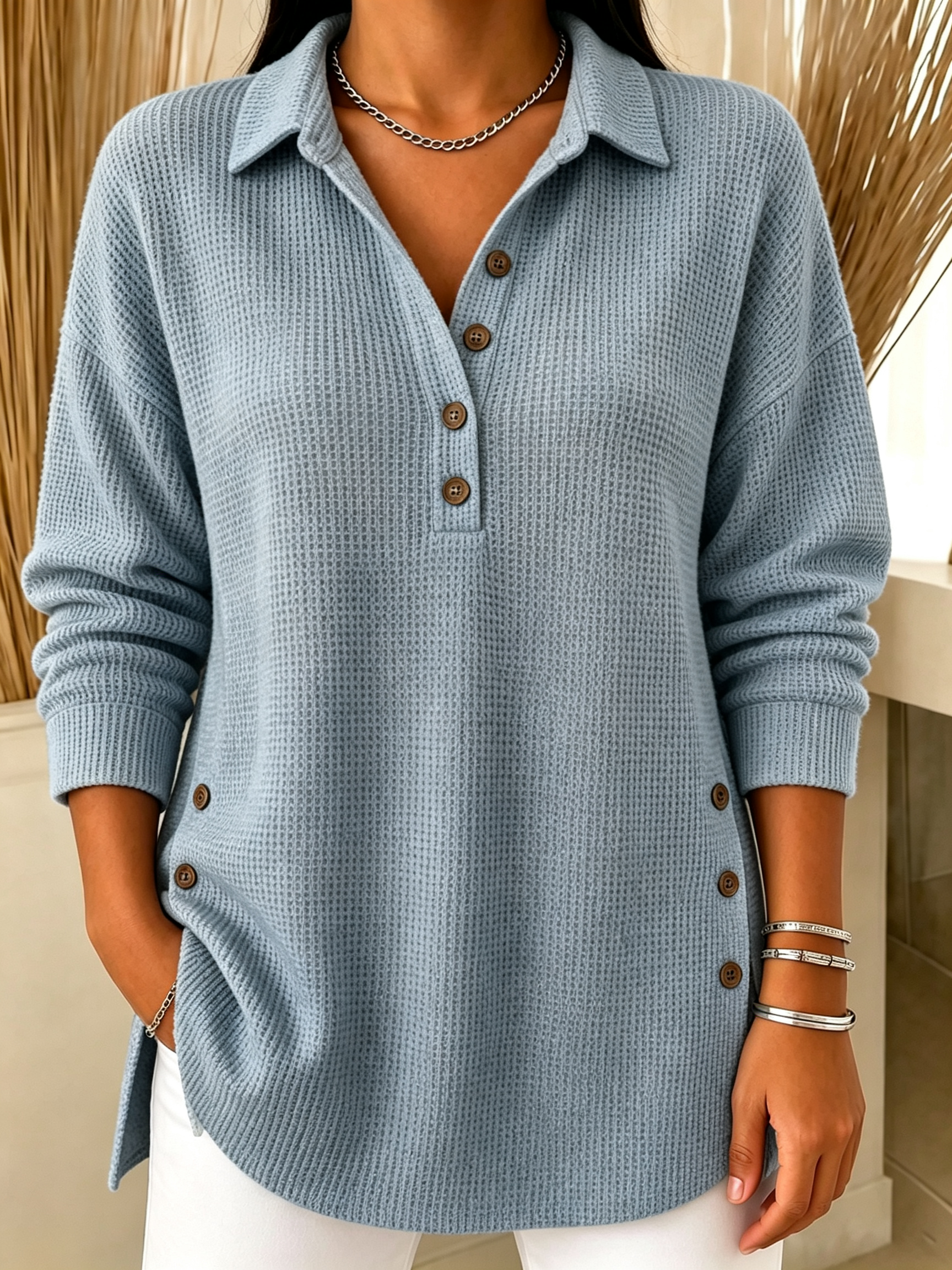 Chic Long Sleeve Waffle Knit Polo Sweater Casual Loose Henley Shirt(📦Buy 2 FREE SHIPPING & EXTRA 10% OFF)