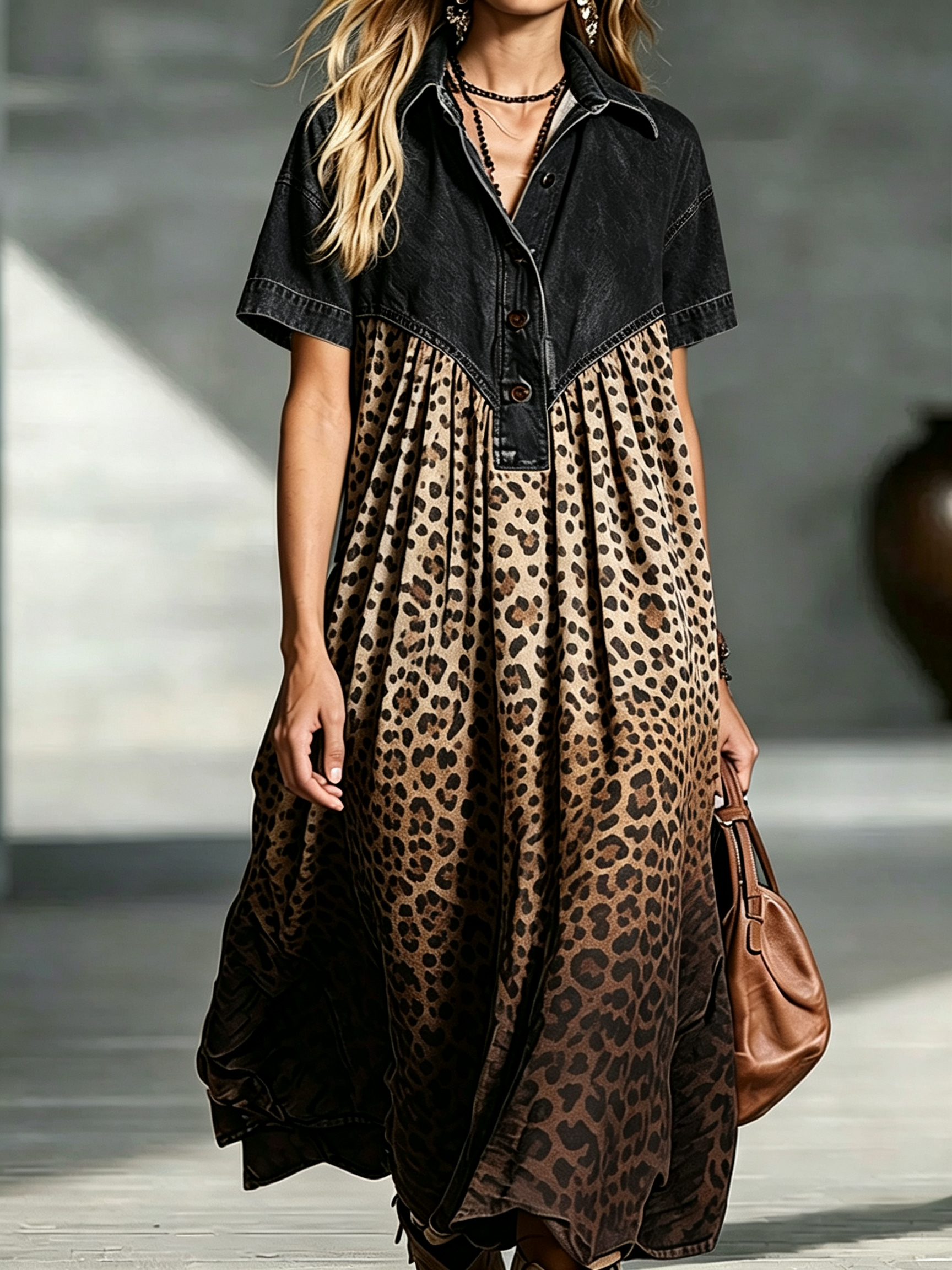Women’s Denim Spliced Gradient Leopard Print Shirt Midi Dress