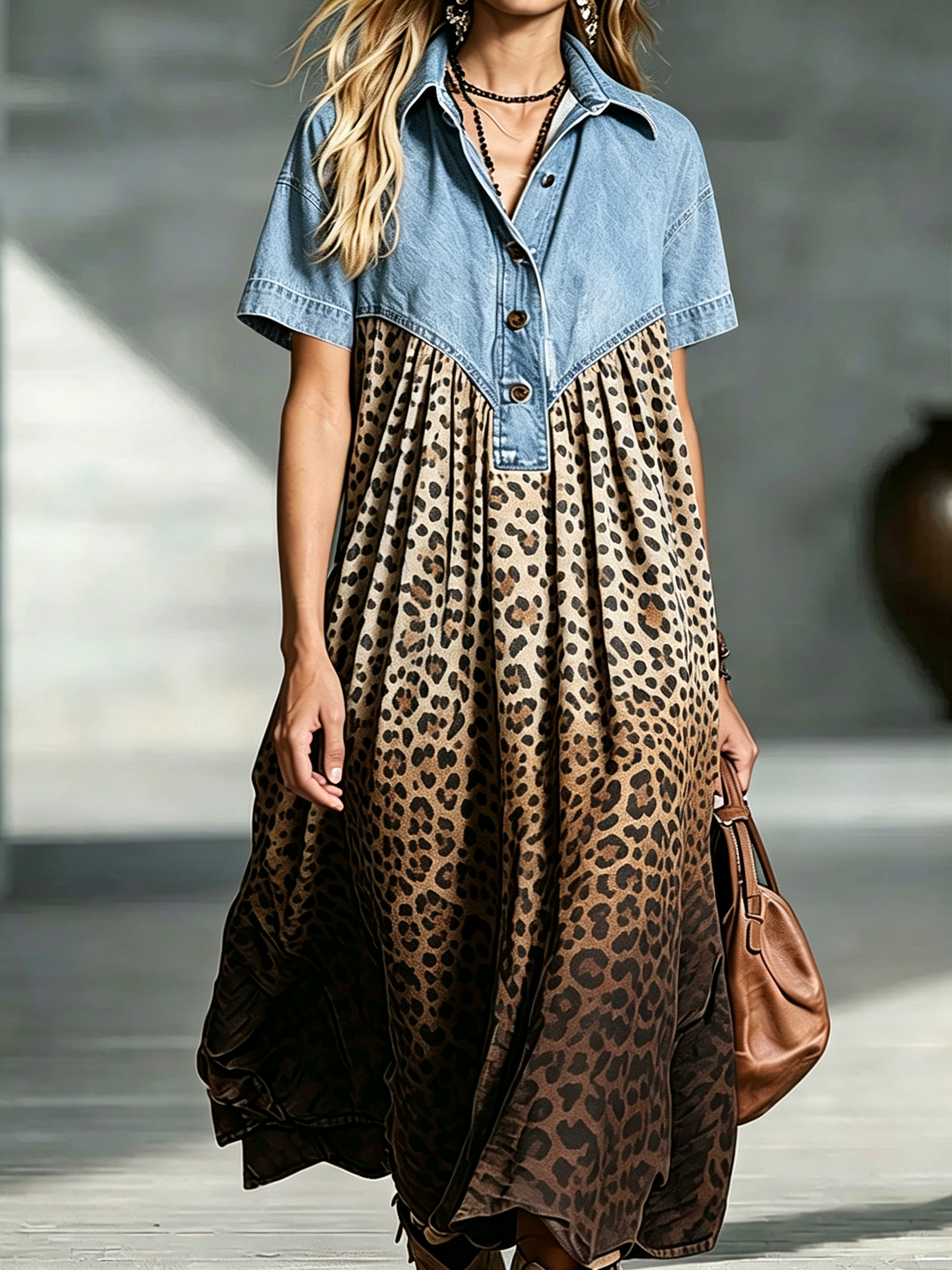 Women’s Denim Spliced Gradient Leopard Print Shirt Midi Dress