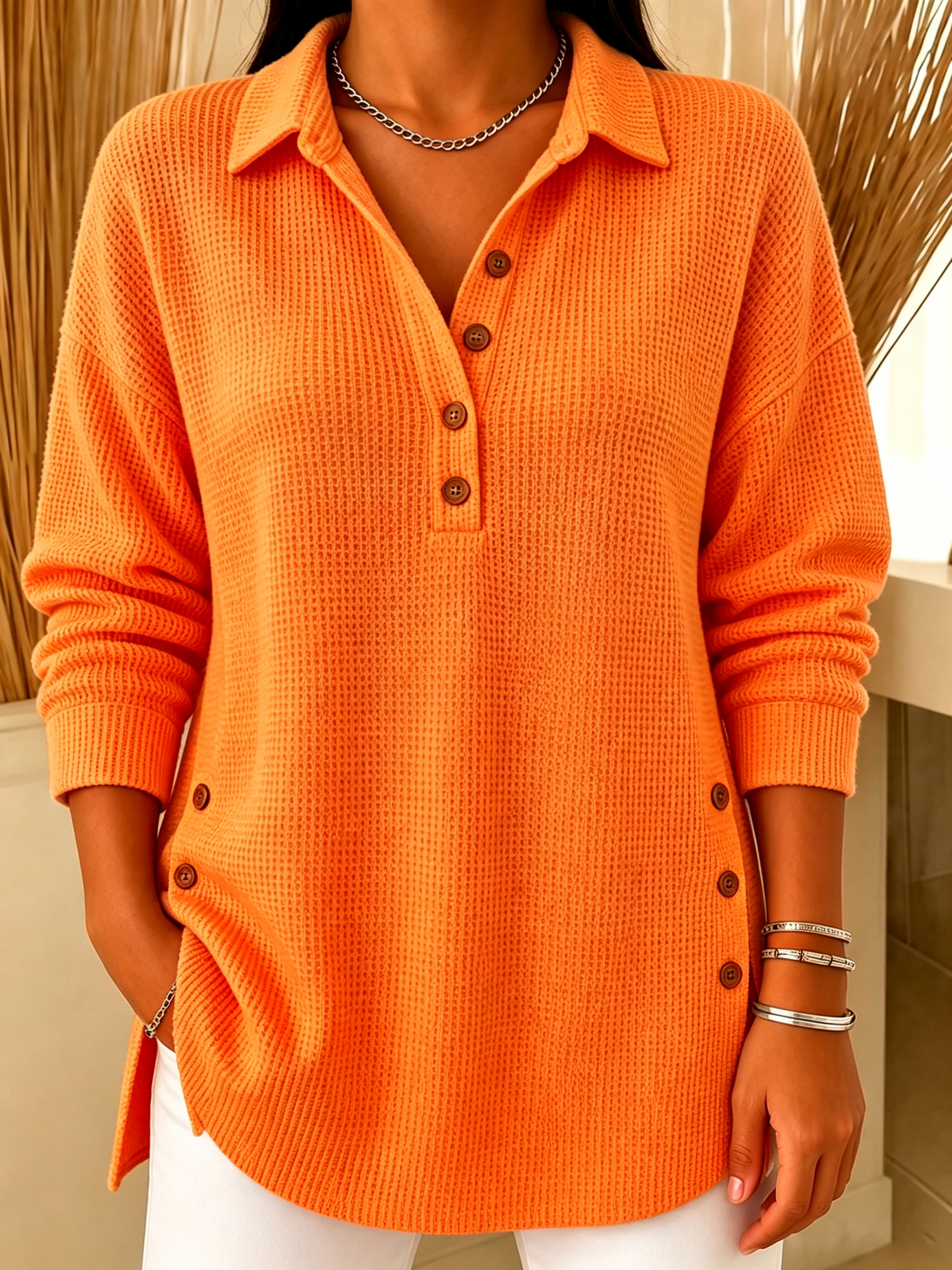Chic Long Sleeve Waffle Knit Polo Sweater Casual Loose Henley Shirt(📦Buy 2 FREE SHIPPING & EXTRA 10% OFF)