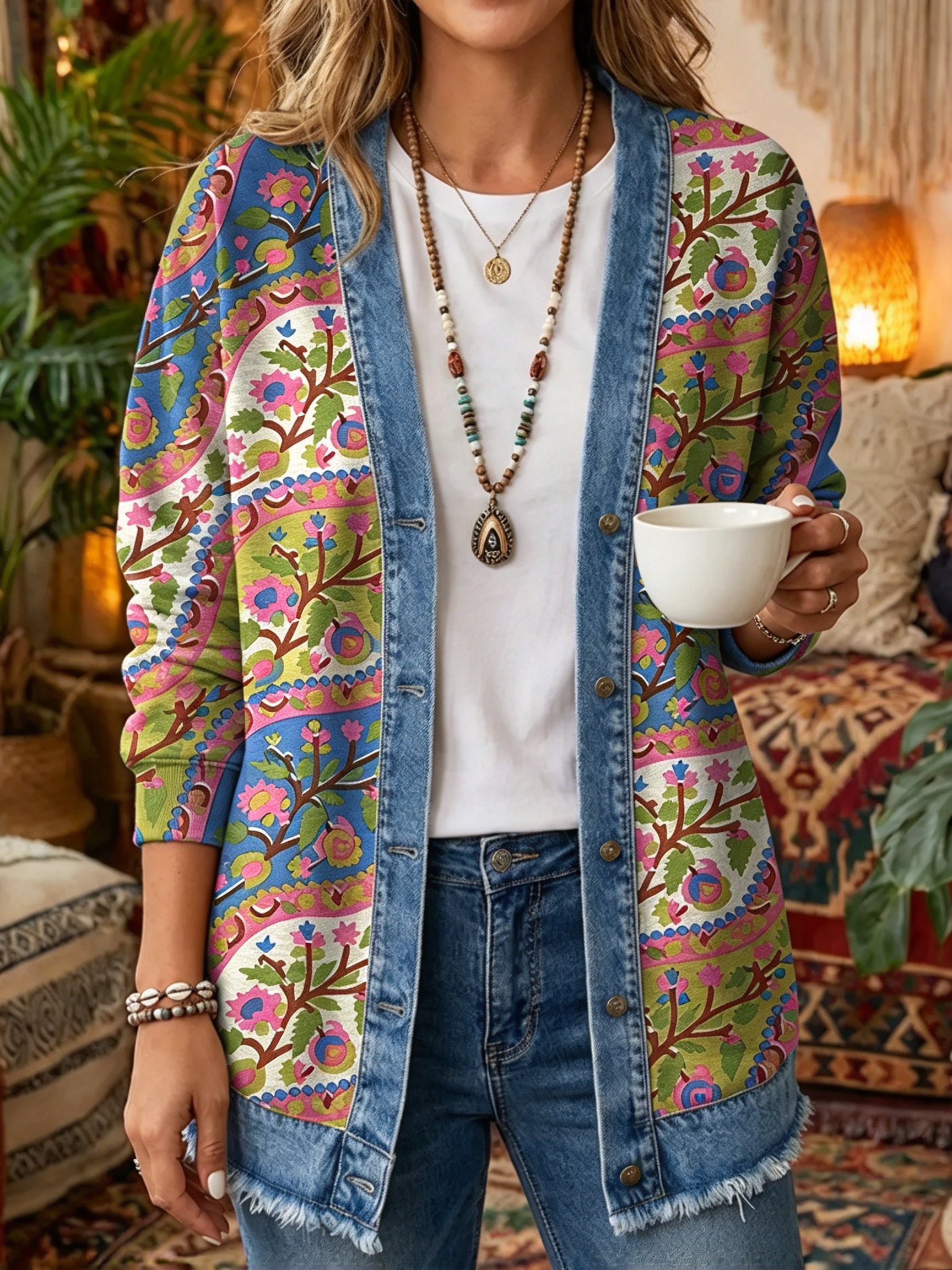 Vintage Boho Paisley Print Denim-Trim Cardigan - Artistic Open-Front Long Sleeve Jacket