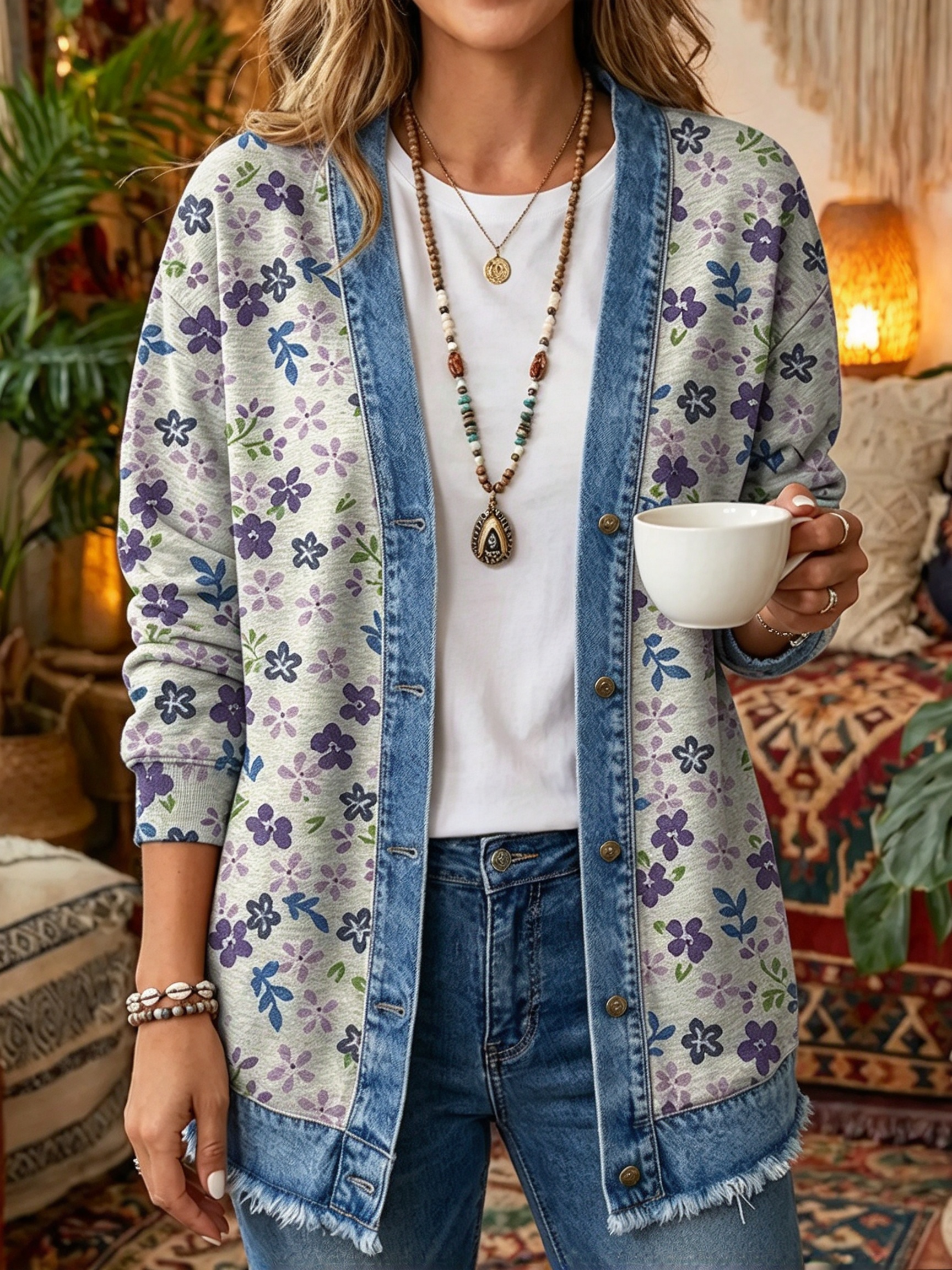 Vintage Boho Paisley Print Denim-Trim Cardigan - Artistic Open-Front Long Sleeve Jacket