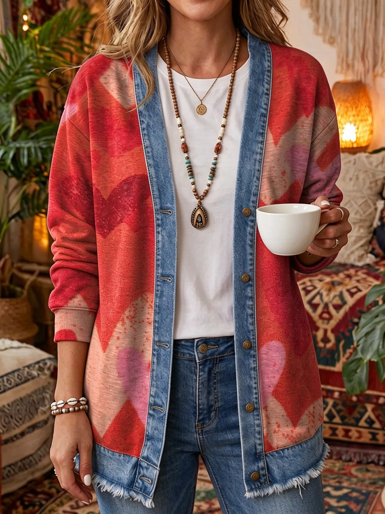 Vintage Boho Paisley Print Denim-Trim Cardigan - Artistic Open-Front Long Sleeve Jacket