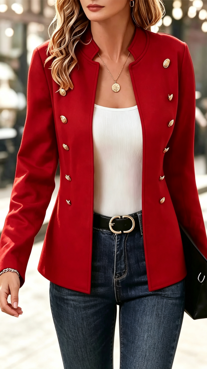 Women's Blazer Outdoor Stand Collar Buttons Solid Color Breathable Fashion Regular Fit Outerwear Long Sleeve Fall