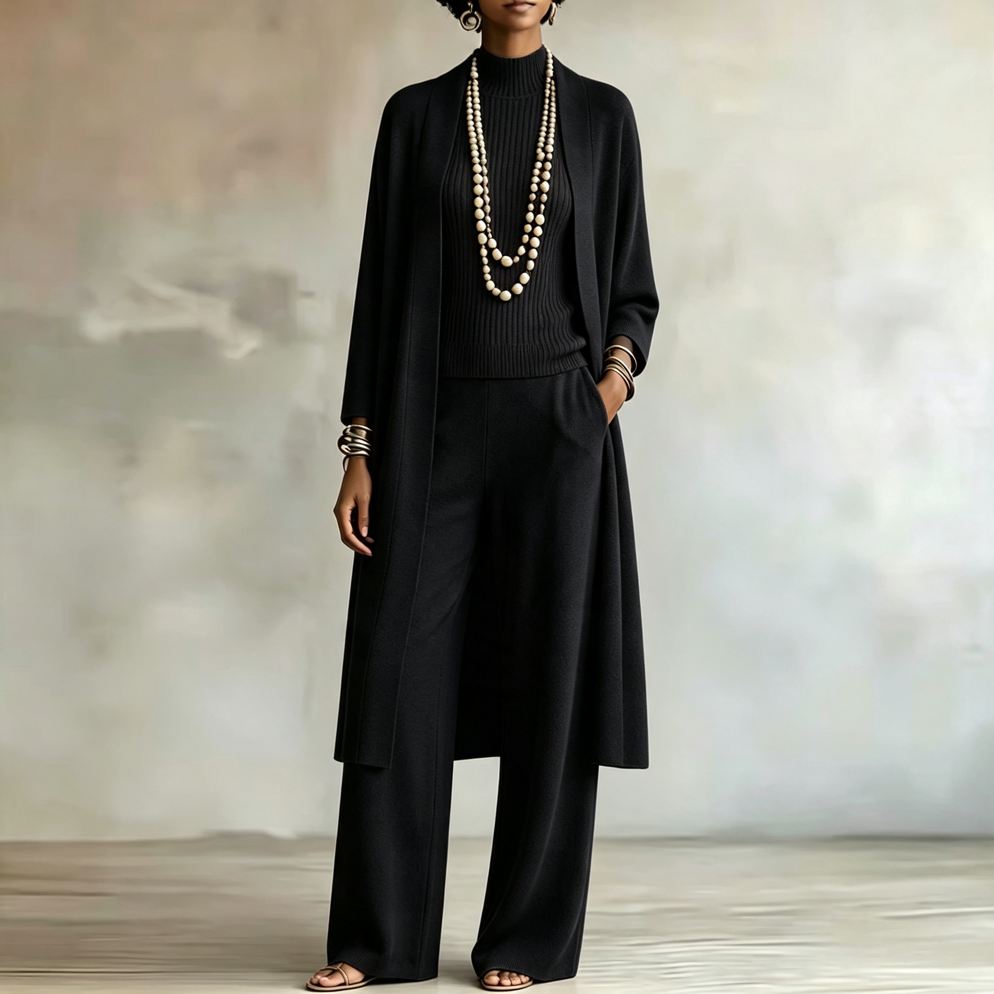 Women Stylish Long Knit Set — 3-Piece Set: Shawl-Collar Cardigan, Turtleneck Tank Top, and Wide-Leg Pants