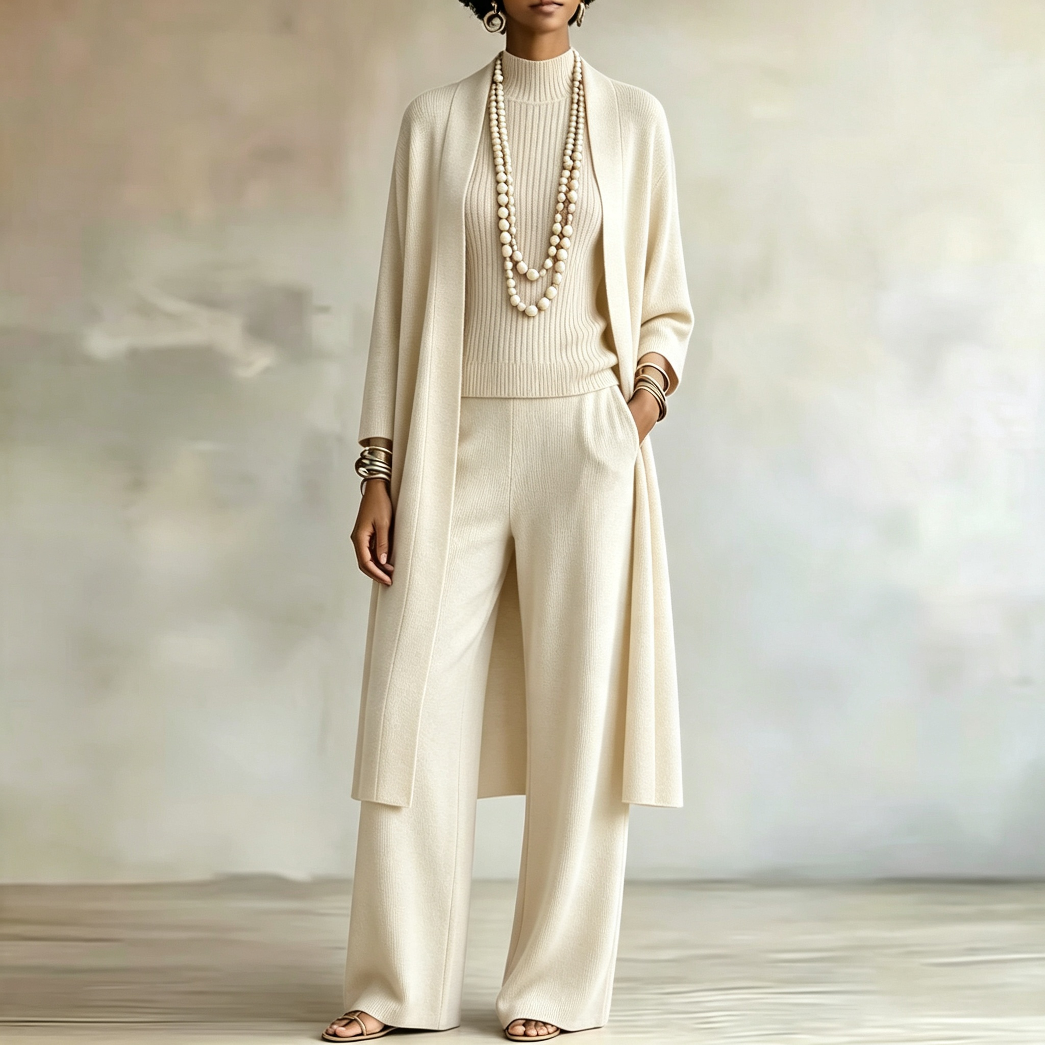 Women Stylish Long Knit Set — 3-Piece Set: Shawl-Collar Cardigan, Turtleneck Tank Top, and Wide-Leg Pants