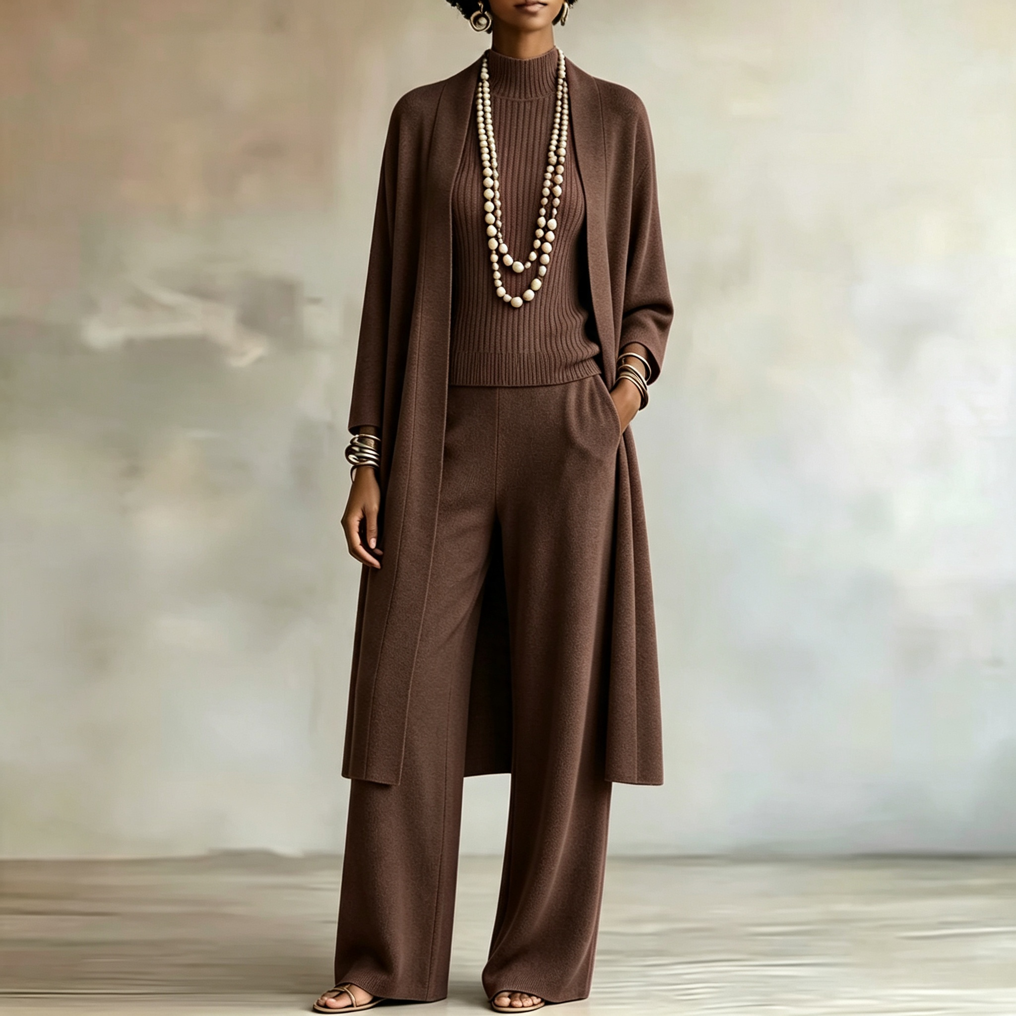Women Stylish Long Knit Set — 3-Piece Set: Shawl-Collar Cardigan, Turtleneck Tank Top, and Wide-Leg Pants