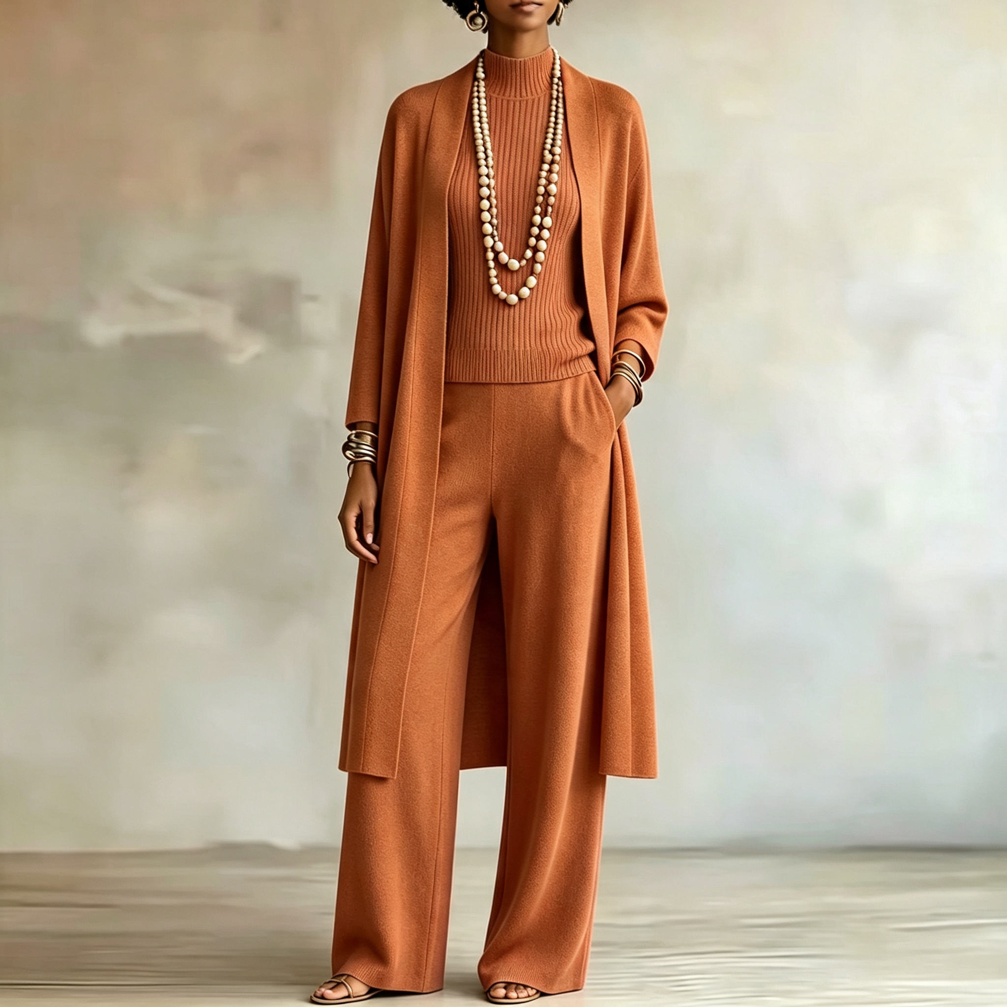 Women Stylish Long Knit Set — 3-Piece Set: Shawl-Collar Cardigan, Turtleneck Tank Top, and Wide-Leg Pants