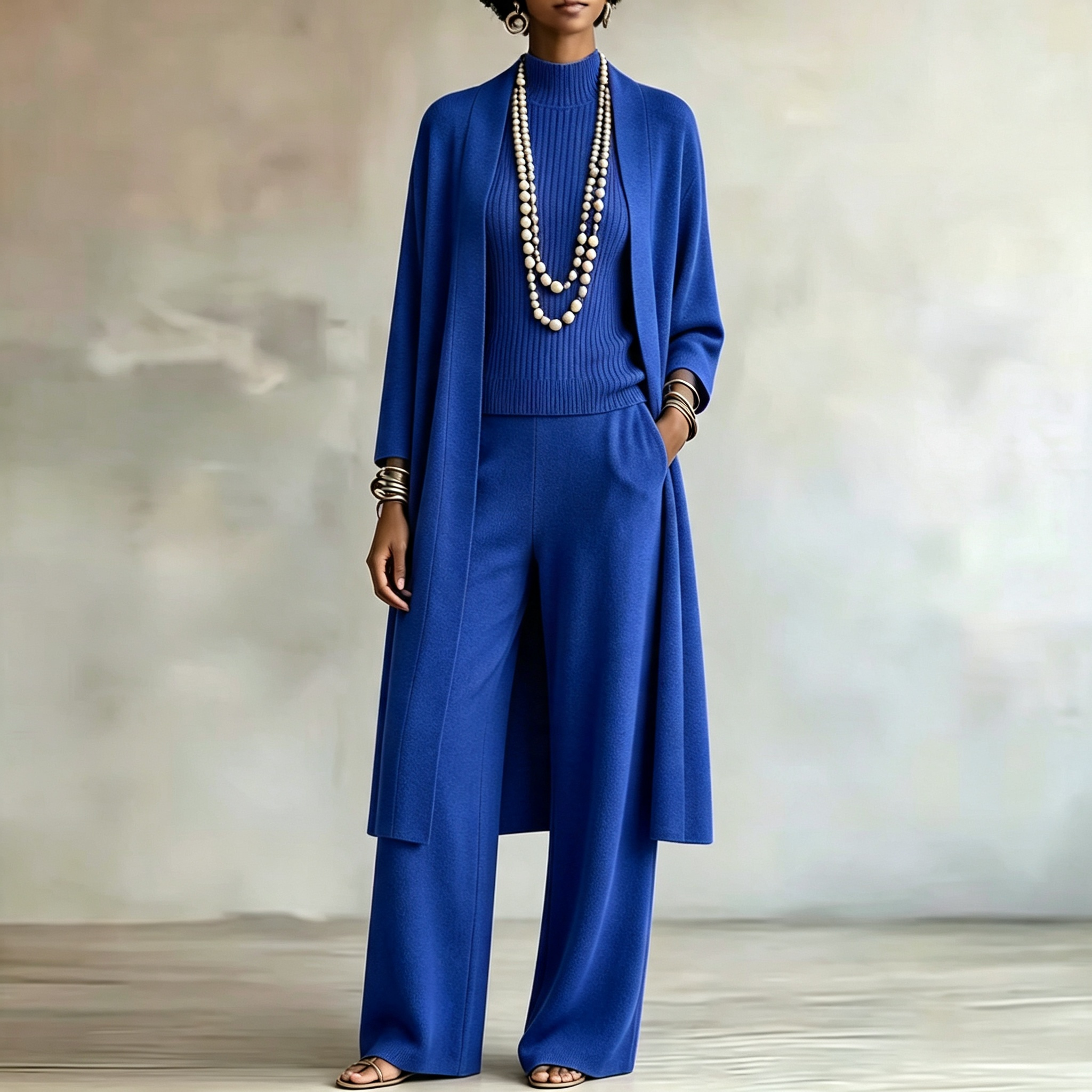 Women Stylish Long Knit Set — 3-Piece Set: Shawl-Collar Cardigan, Turtleneck Tank Top, and Wide-Leg Pants