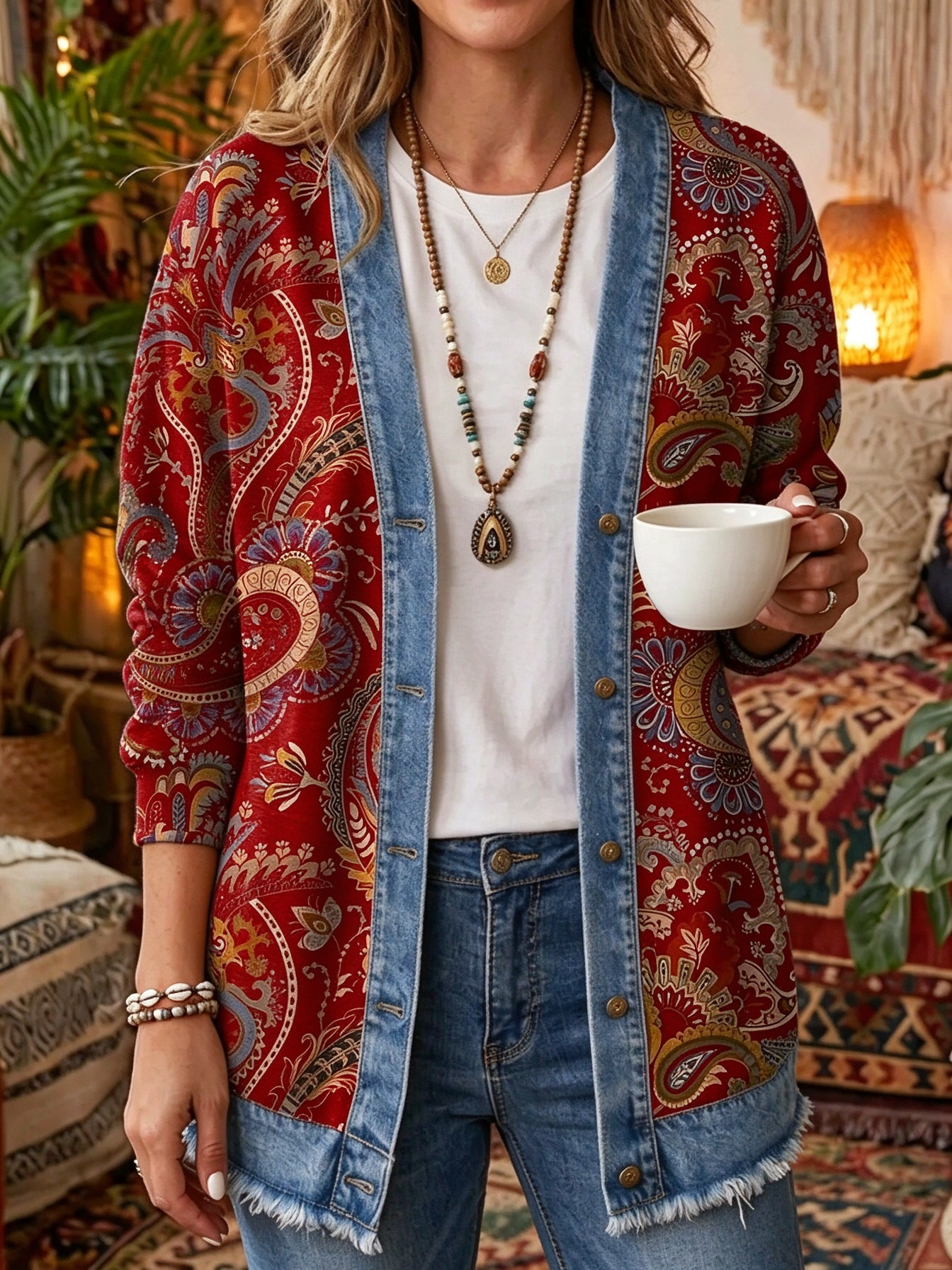 Vintage Boho Paisley Print Denim-Trim Cardigan - Artistic Open-Front Long Sleeve Jacket