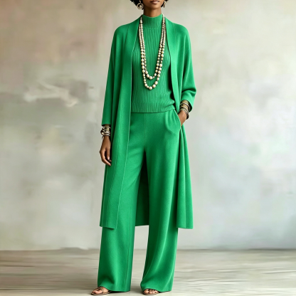 Women Stylish Long Knit Set — 3-Piece Set: Shawl-Collar Cardigan, Turtleneck Tank Top, and Wide-Leg Pants