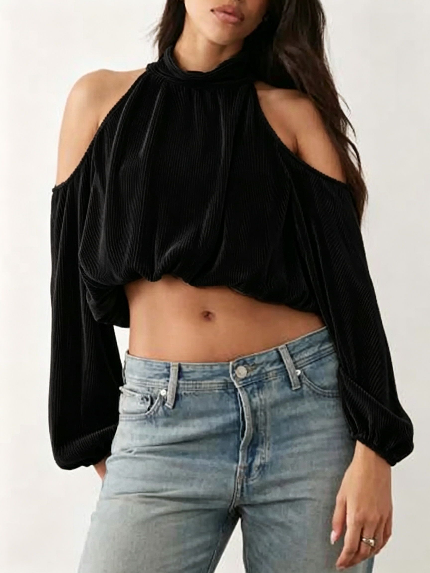 Women’s Off Shoulder Knit Top Mock Neck Long Sleeve Cropped Cutout Blouse