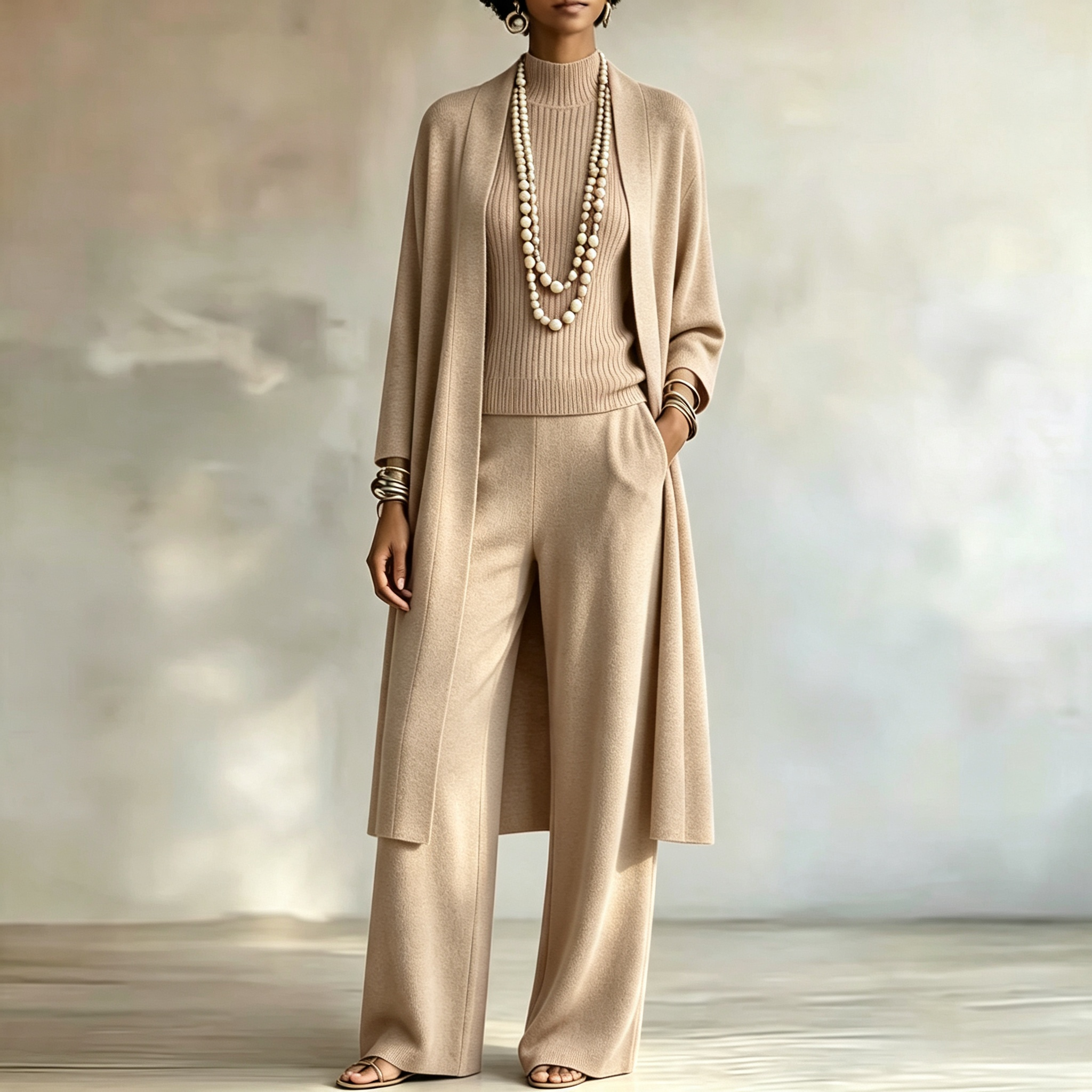 Women Stylish Long Knit Set — 3-Piece Set: Shawl-Collar Cardigan, Turtleneck Tank Top, and Wide-Leg Pants