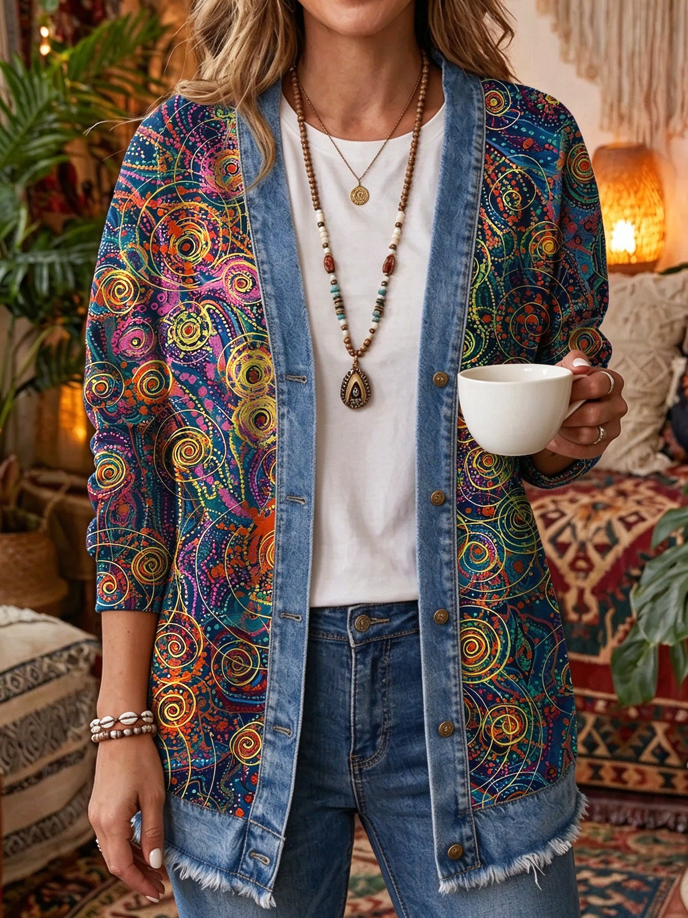 Vintage Boho Paisley Print Denim-Trim Cardigan - Artistic Open-Front Long Sleeve Jacket