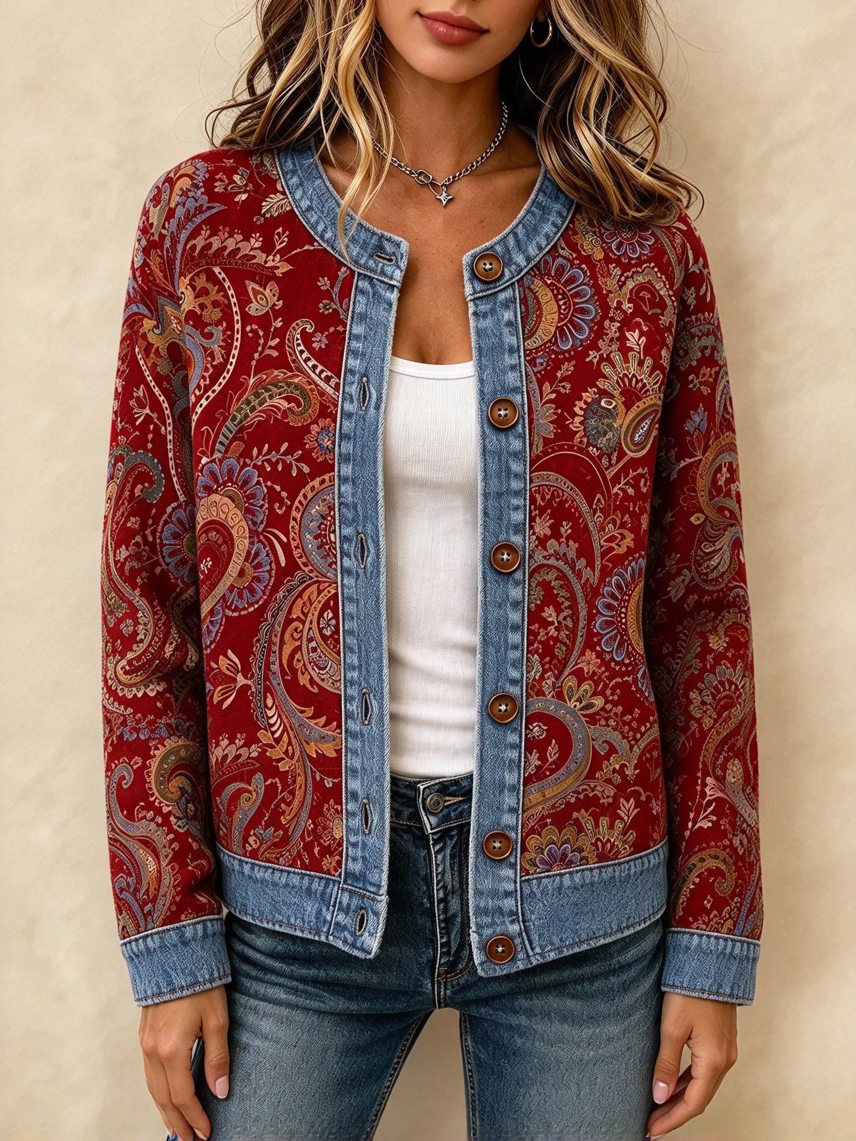 ⭐Women’s Casual Crewneck Jacket Button Front Paisley Print Long Sleeve Jacket