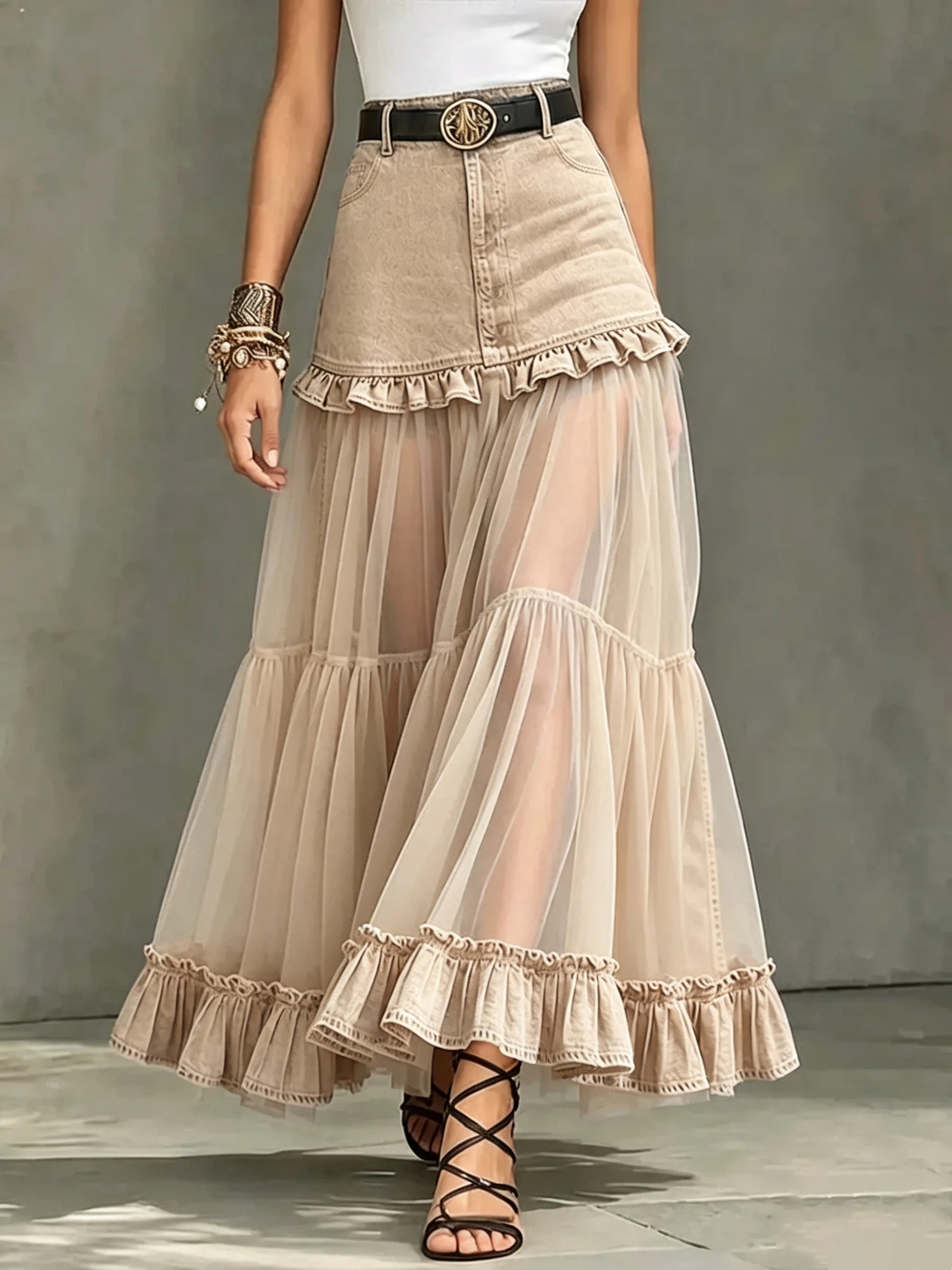 Casual Denim-paneled Chiffon Ruffled Skirt