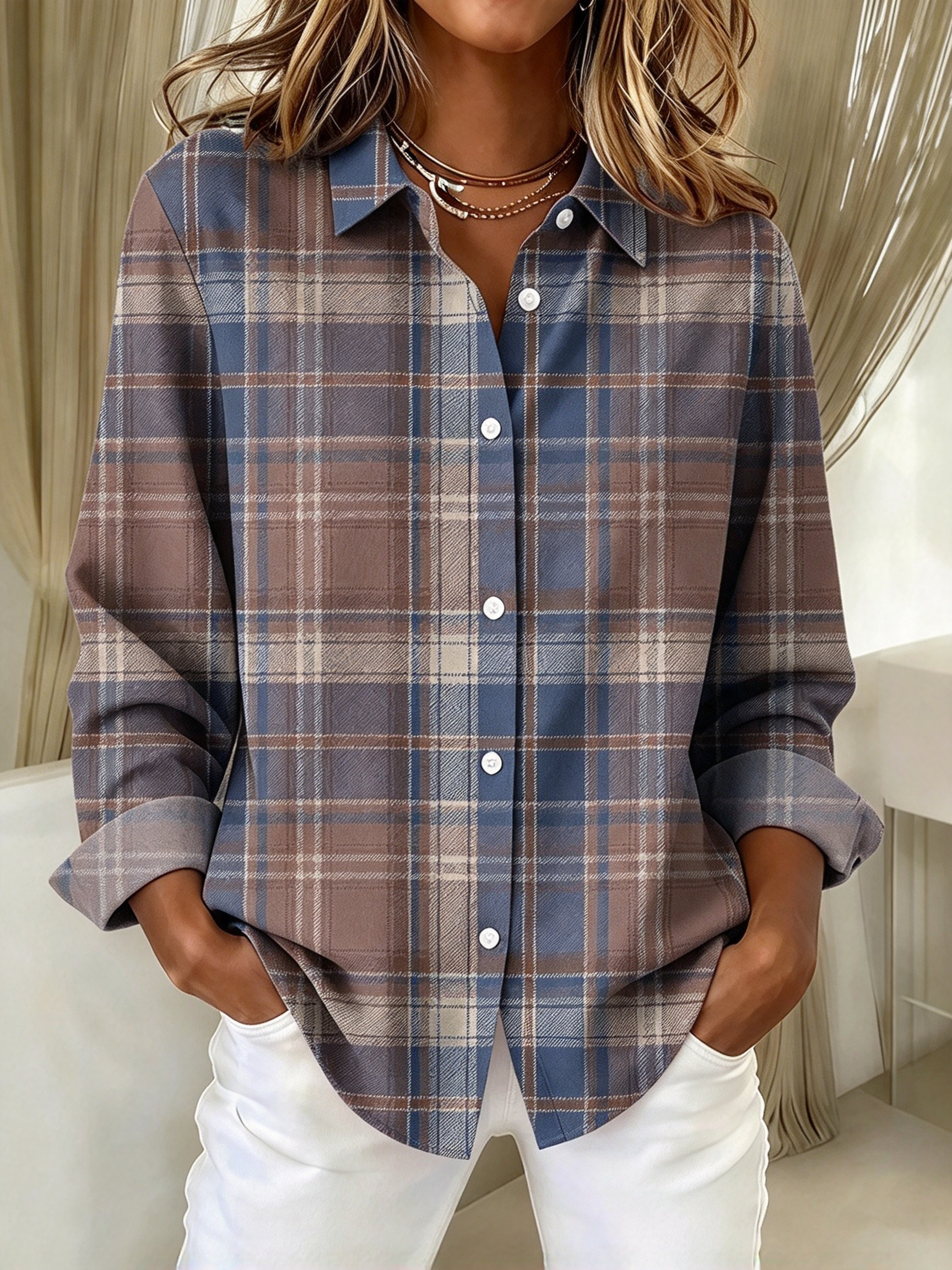 Versatile Plaid Button-Down Shirt, Casual Workwear Long Sleeve Top - Soft & Easy to Style