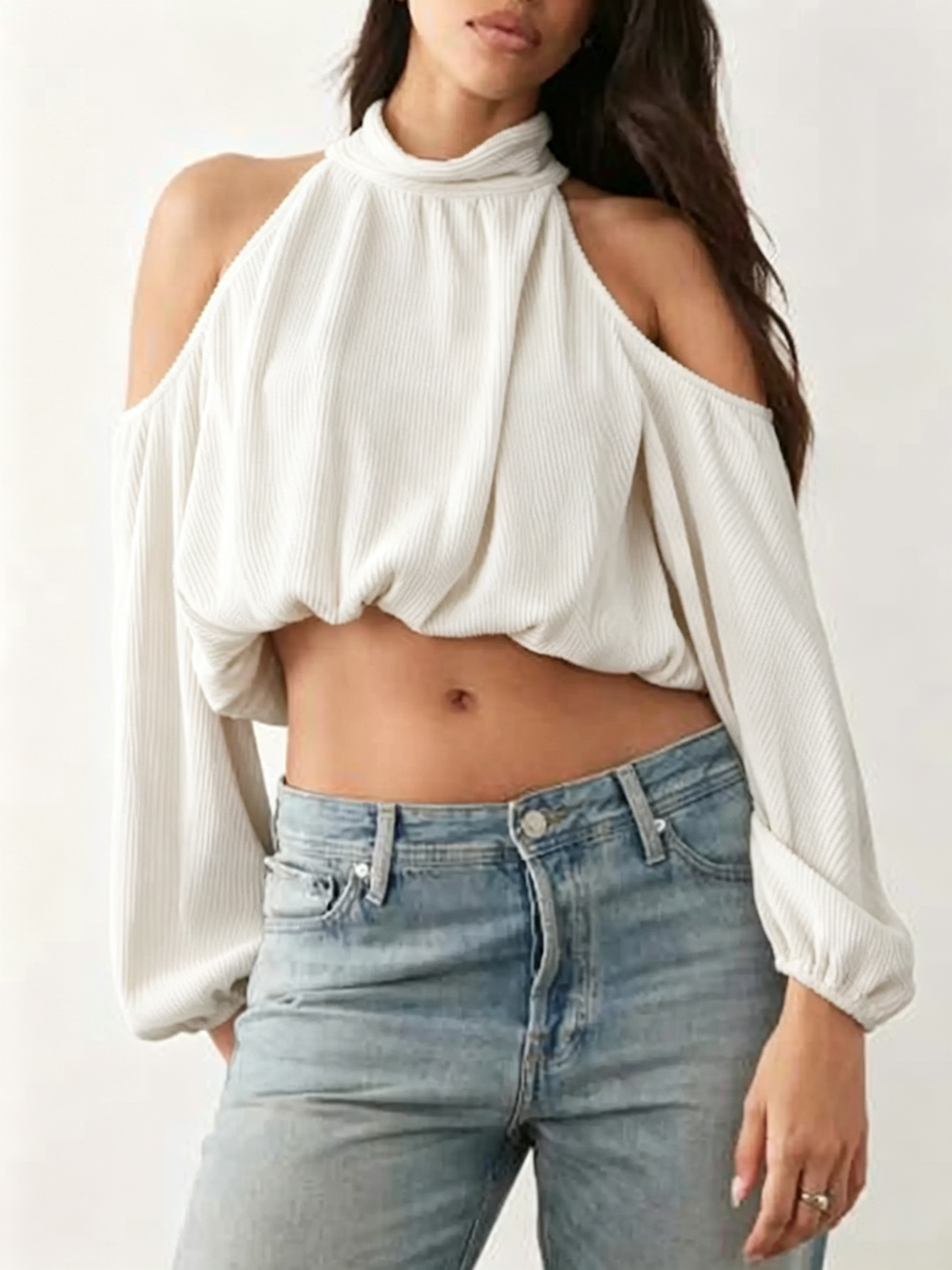 Women’s Off Shoulder Knit Top Mock Neck Long Sleeve Cropped Cutout Blouse