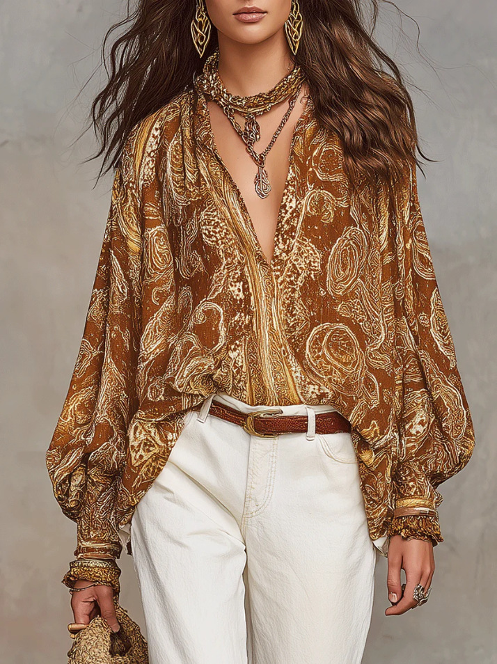 🔥 NEW ARRIVALS! Stunning Boho Print Blouse - Flowy Oversized Lantern Sleeve Top