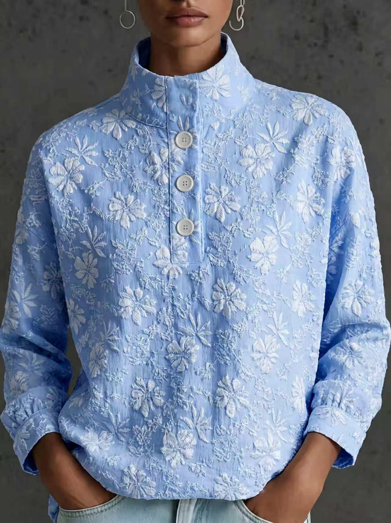 New Arrivals🔥Chic Versatile Mock Neck Button Down Jacquard Pullover