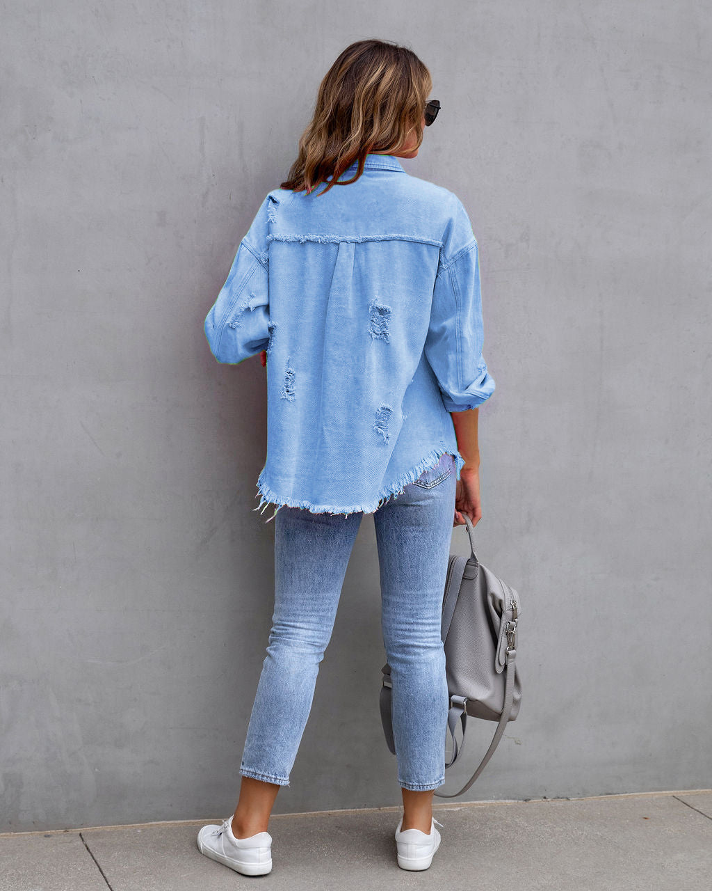 Oversize Relaxed Fit Denim Shacket | Versatile Frayed Button-Down Shirt Jacket | Casual Everyday Outerwear