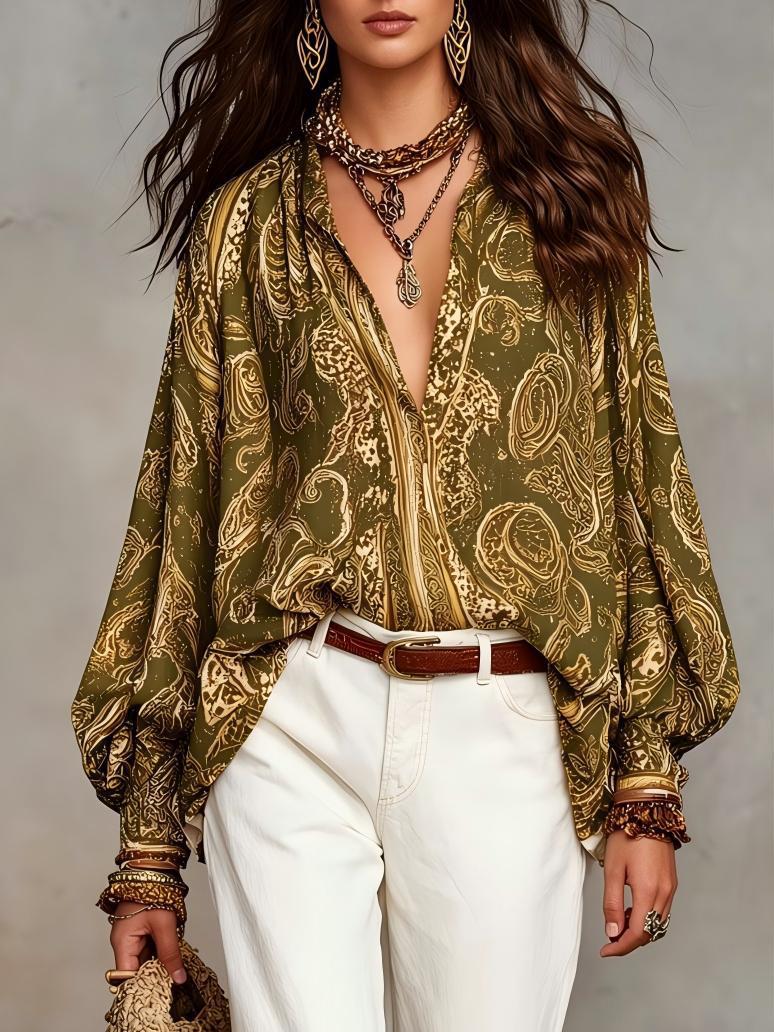 🔥 NEW ARRIVALS! Stunning Boho Print Blouse - Flowy Oversized Lantern Sleeve Top
