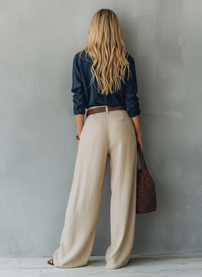 Women's Blouse & Wide-Leg Pants Set – Loose Fit Two-Tone 2-Piece