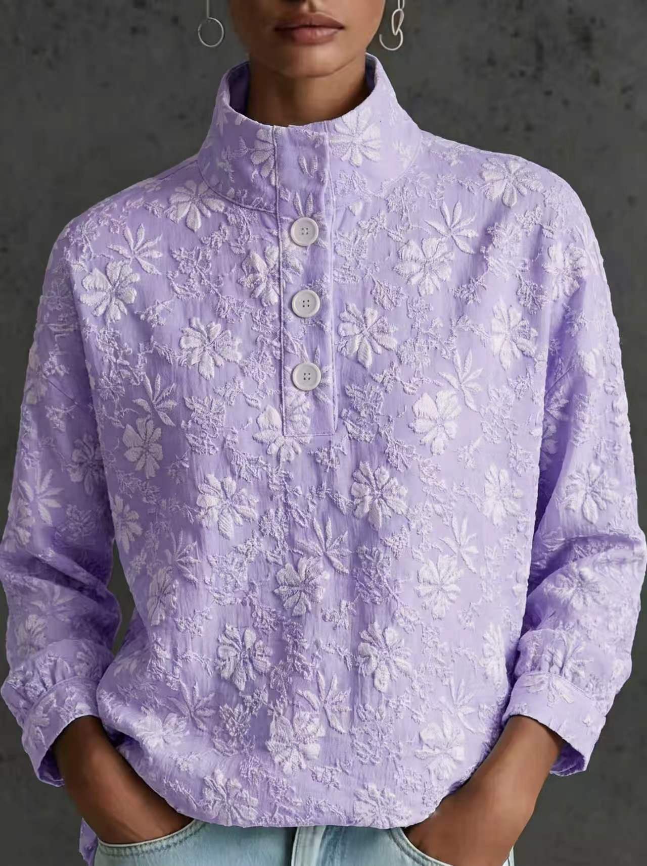 New Arrivals🔥Chic Versatile Mock Neck Button Down Jacquard Pullover