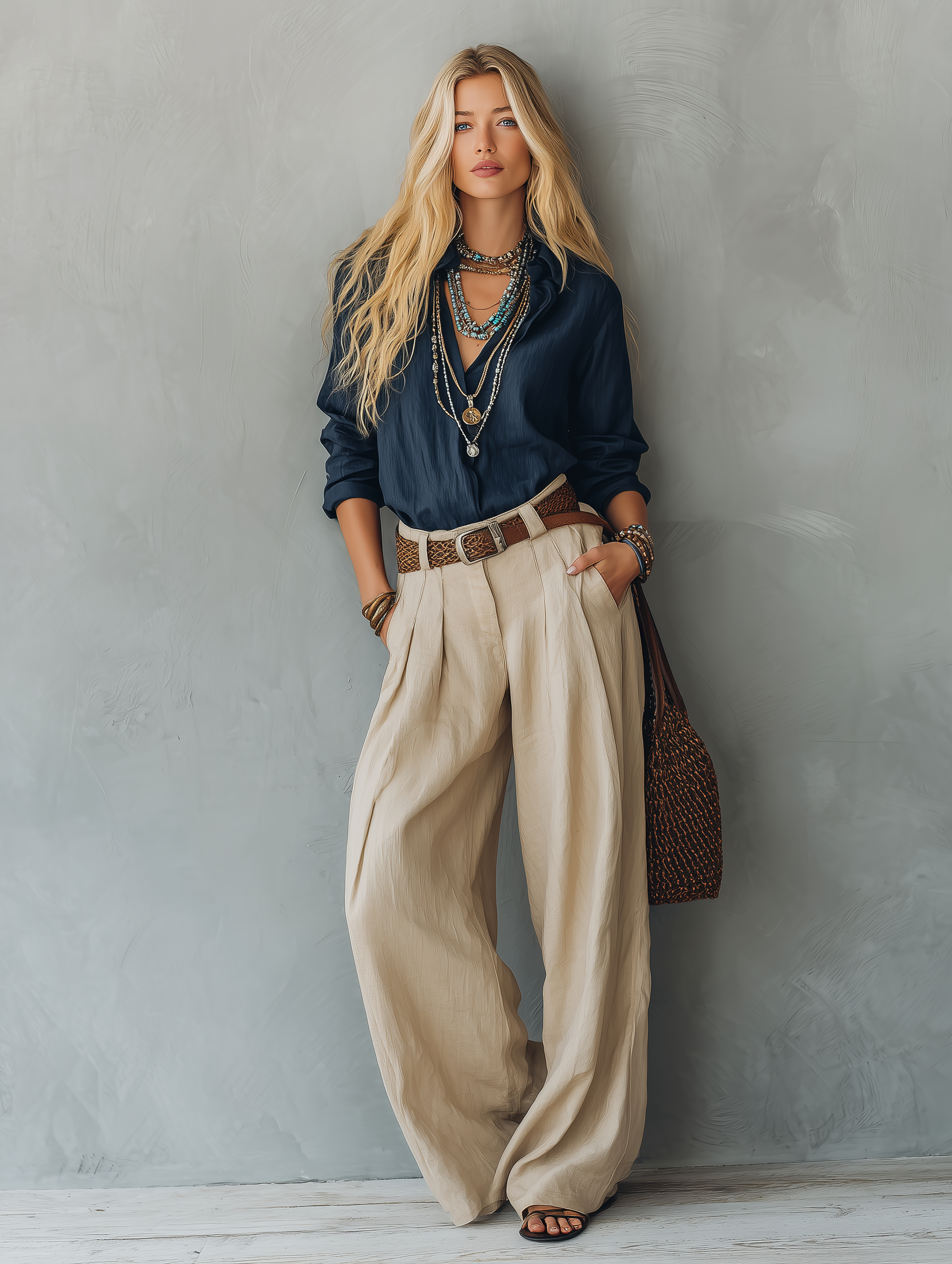 Women's Blouse & Wide-Leg Pants Set – Loose Fit Two-Tone 2-Piece