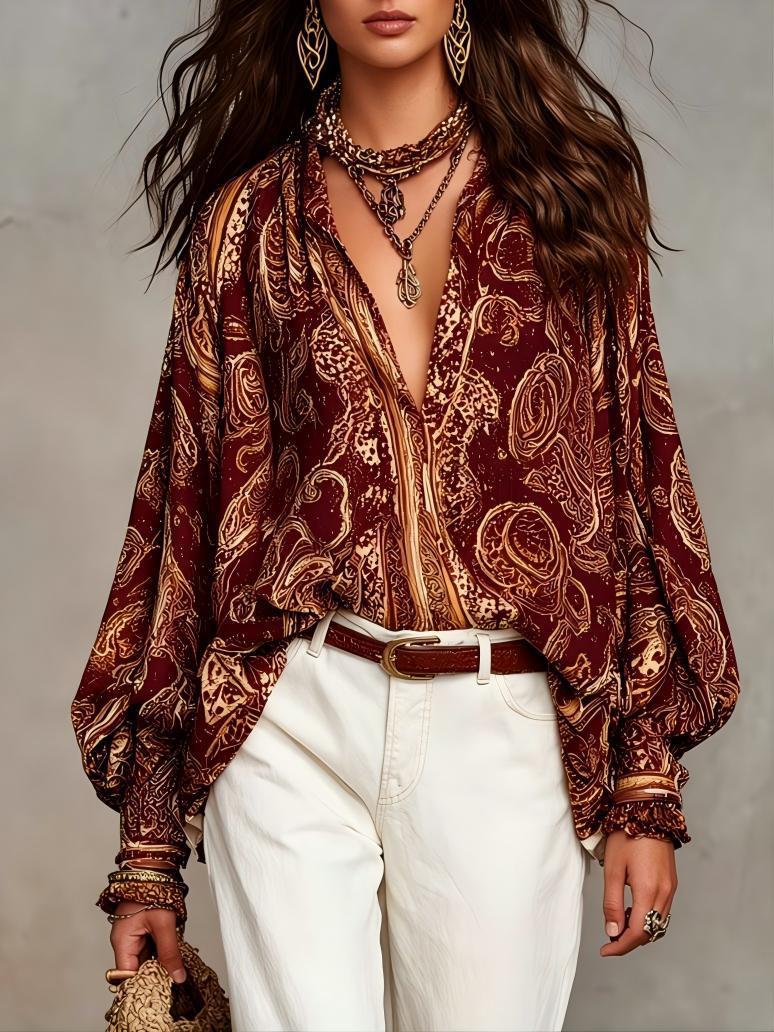 🔥 NEW ARRIVALS! Stunning Boho Print Blouse - Flowy Oversized Lantern Sleeve Top