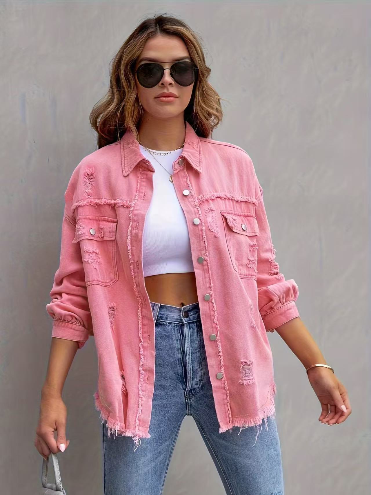 Oversize Relaxed Fit Denim Shacket | Versatile Frayed Button-Down Shirt Jacket | Casual Everyday Outerwear