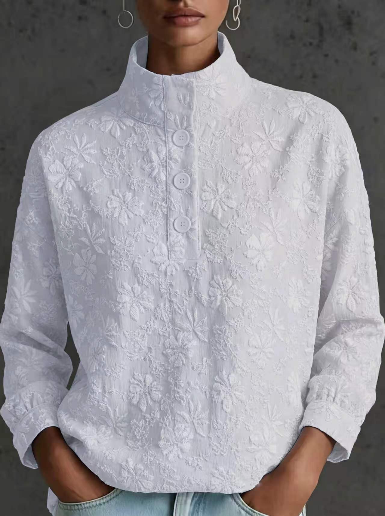 New Arrivals🔥Chic Versatile Mock Neck Button Down Jacquard Pullover