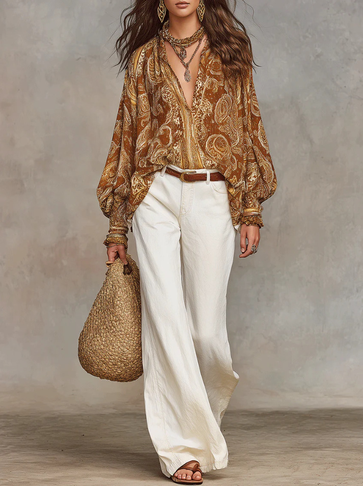 🔥 NEW ARRIVALS! Stunning Boho Print Blouse - Flowy Oversized Lantern Sleeve Top