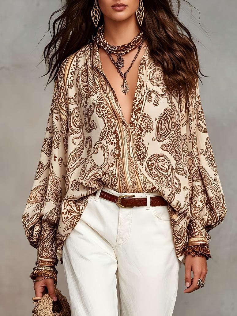 🔥 NEW ARRIVALS! Stunning Boho Print Blouse - Flowy Oversized Lantern Sleeve Top