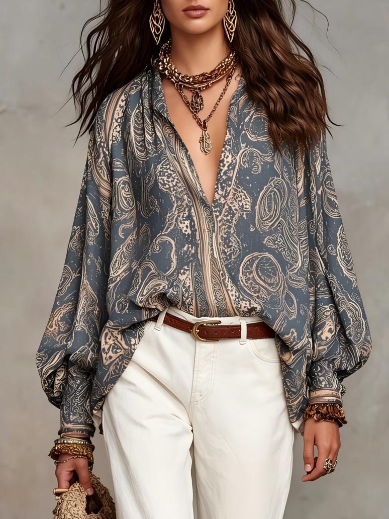 🔥 NEW ARRIVALS! Stunning Boho Print Blouse - Flowy Oversized Lantern Sleeve Top
