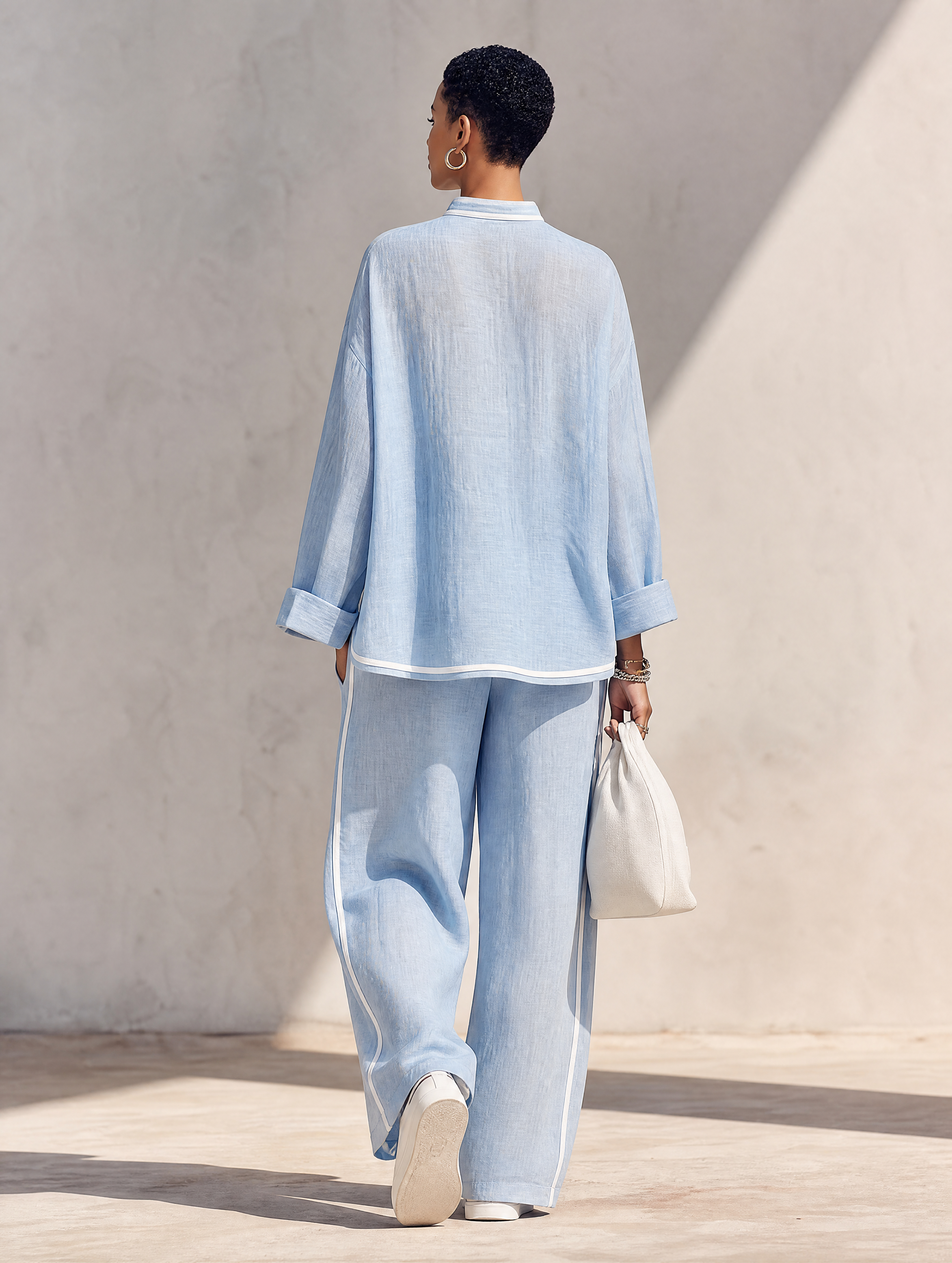 Women's Light‑Blue Linen Fabric Stand‑Collar Half‑Zip Oversized Top & Wide‑Leg Pants Set