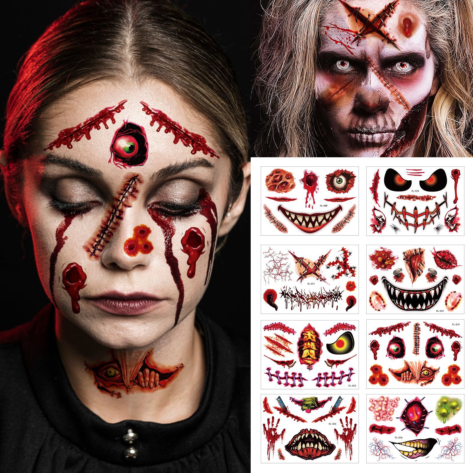 3D Zombie Wound and Horror Temporary Face Tattoos